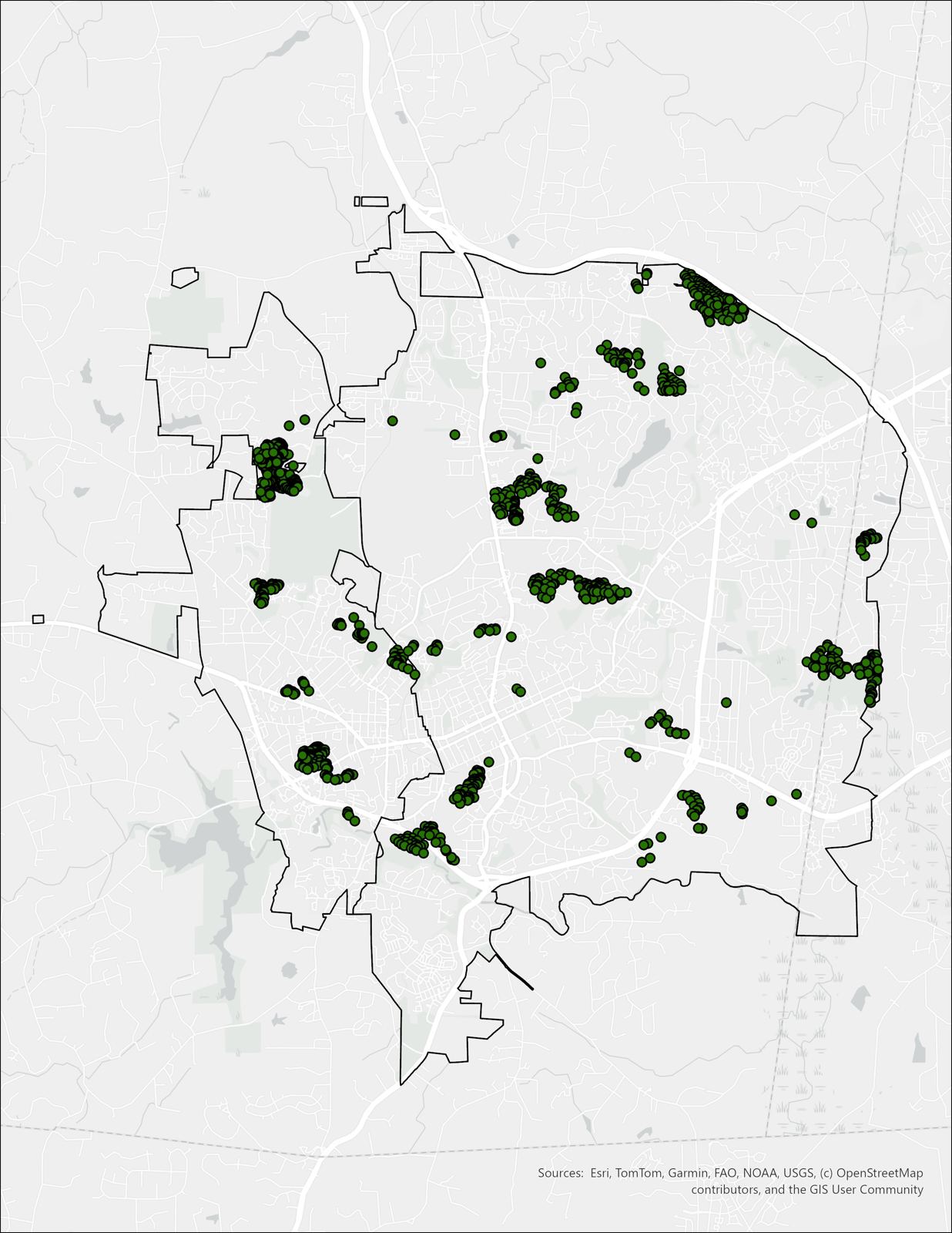 Map of Chapel Hill and Carrboro highlighting over 1,700 homes that gain walkable access to a public school when natural surface trails are added to the network.